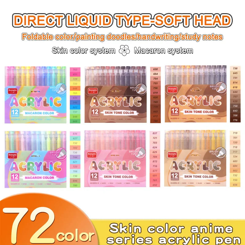 GuangNa 12-72 Colors Soft Brush Acrylic Marker Pen Set,Skin Tone, Macaron color,DIY Hand Drawn,Paint Art Markers pens,GN.8201F/M