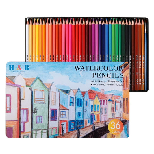 Professional 36 Colourful Water Soluable Watercolour Pencil Set Brush Wood School Supplies