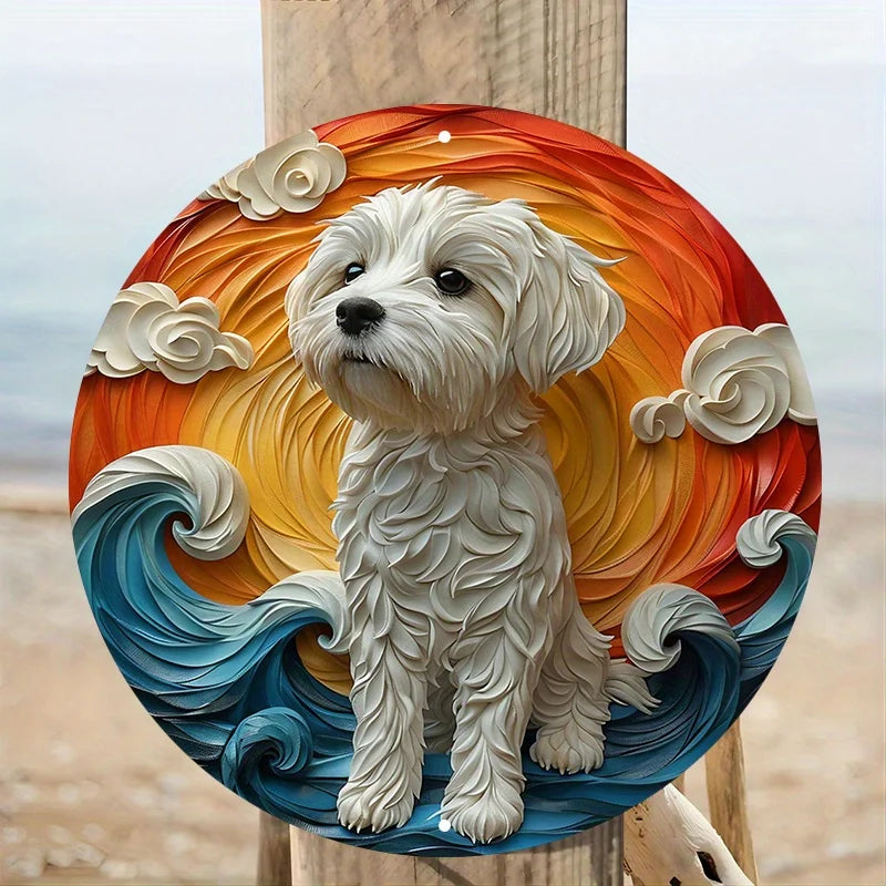 Aluminum Maltese Dog Art Sign, Circular Pet Design Wall Decor, Pre-drilled Holes, Weather Resistant Metal Decoration for Home