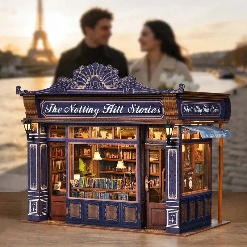 DIY Book Nook Kit Notting Hill Bookstore Wooden  Bookshop Dollhouse with Light Bookshelf Insert 3D Puzzle Decor for Gift