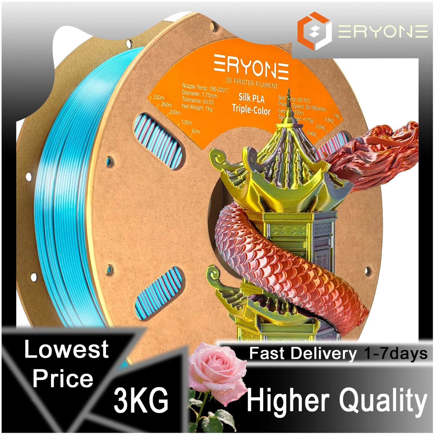 ERYONE 1/3/5KG Triple Colour Silk PLA Premium Filament 3D Print Big Sale,Multicolour Available,1kg silk pla triple colour filament