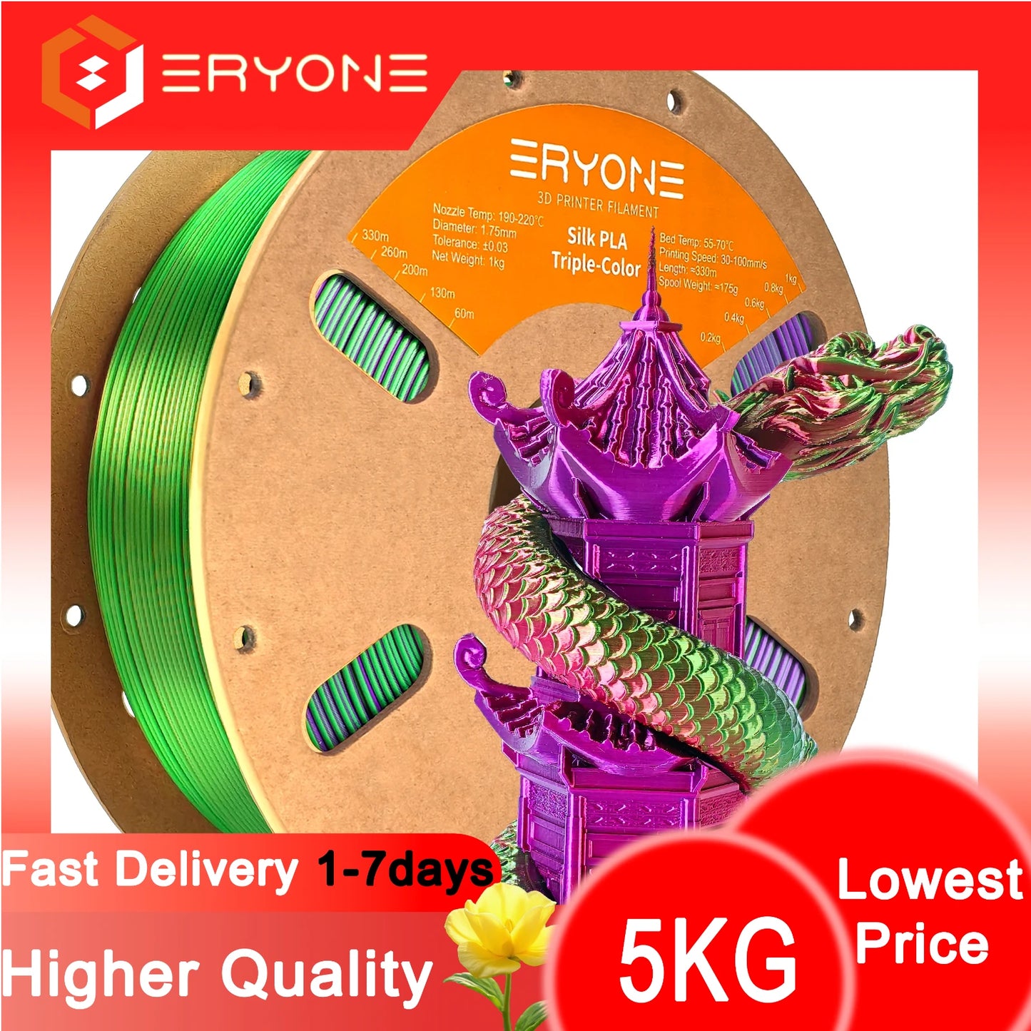 ERYONE 1/3/5KG Triple Colour Silk PLA Premium Filament 3D Print Big Sale,Multicolour Available,1kg silk pla triple colour filament