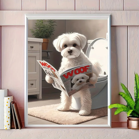 Maltese Dog Bathroom Humor Canvas Decor Modern Home Decor, Whimsical Animal Poster for Bedroom, Kitchen, Living Room, Wall Decor