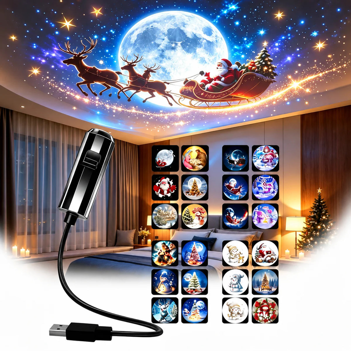 USB Powered Christmas Projector Lights with Santa Claus/Gingerbread Man/elk Patterns Spotlight Indoor Party Navidad Xmas Decor