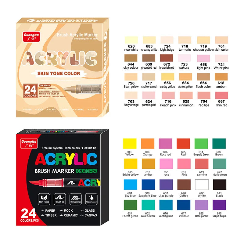 GuangNa 12-72 Colors Soft Brush Acrylic Marker Pen Set,Skin Tone, Macaron color,DIY Hand Drawn,Paint Art Markers pens,GN.8201F/M