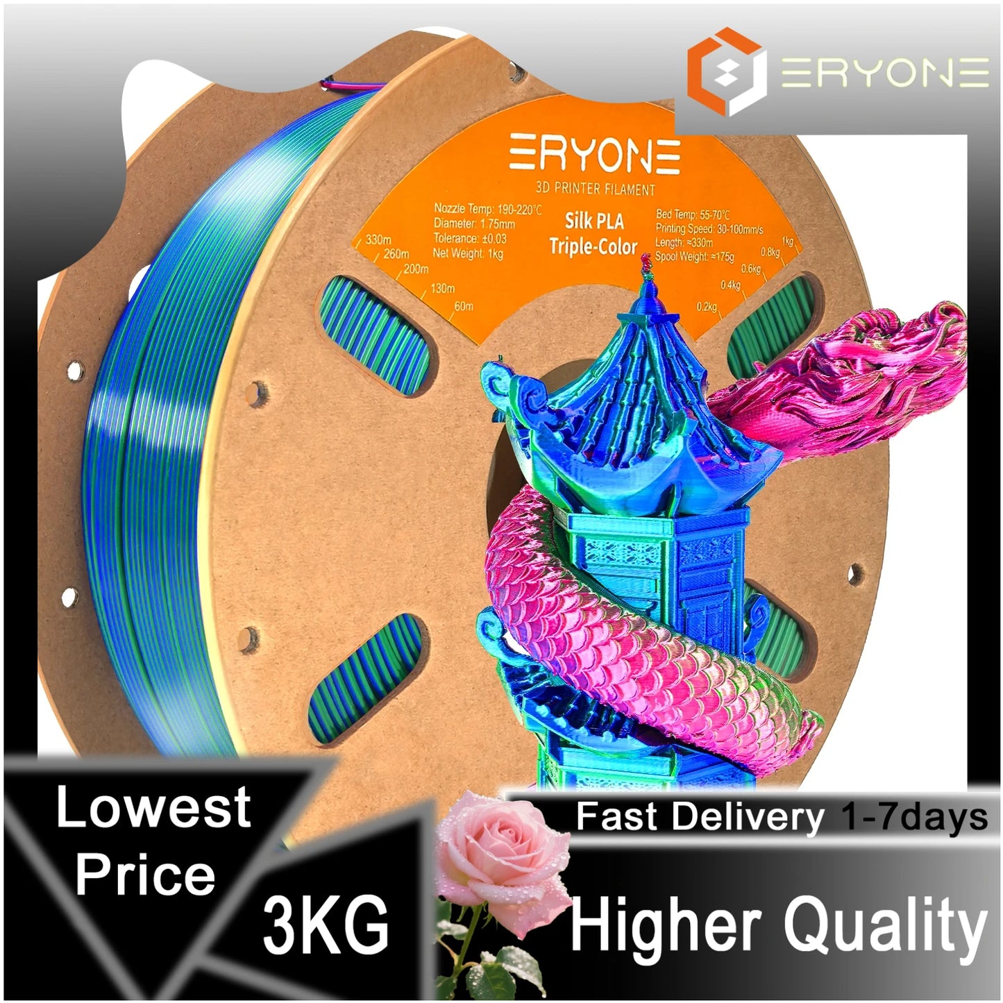 ERYONE 1/3/5KG Triple Colour Silk PLA Premium Filament 3D Print Big Sale,Multicolour Available,1kg silk pla triple colour filament