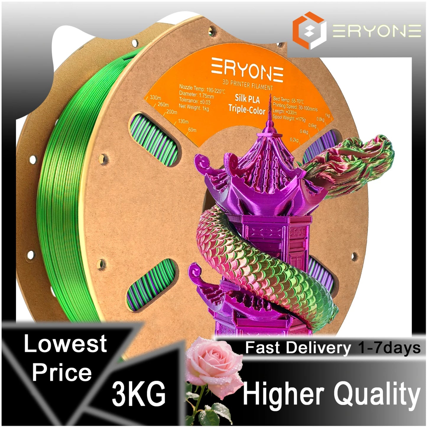 ERYONE 1/3/5KG Triple Colour Silk PLA Premium Filament 3D Print Big Sale,Multicolour Available,1kg silk pla triple colour filament