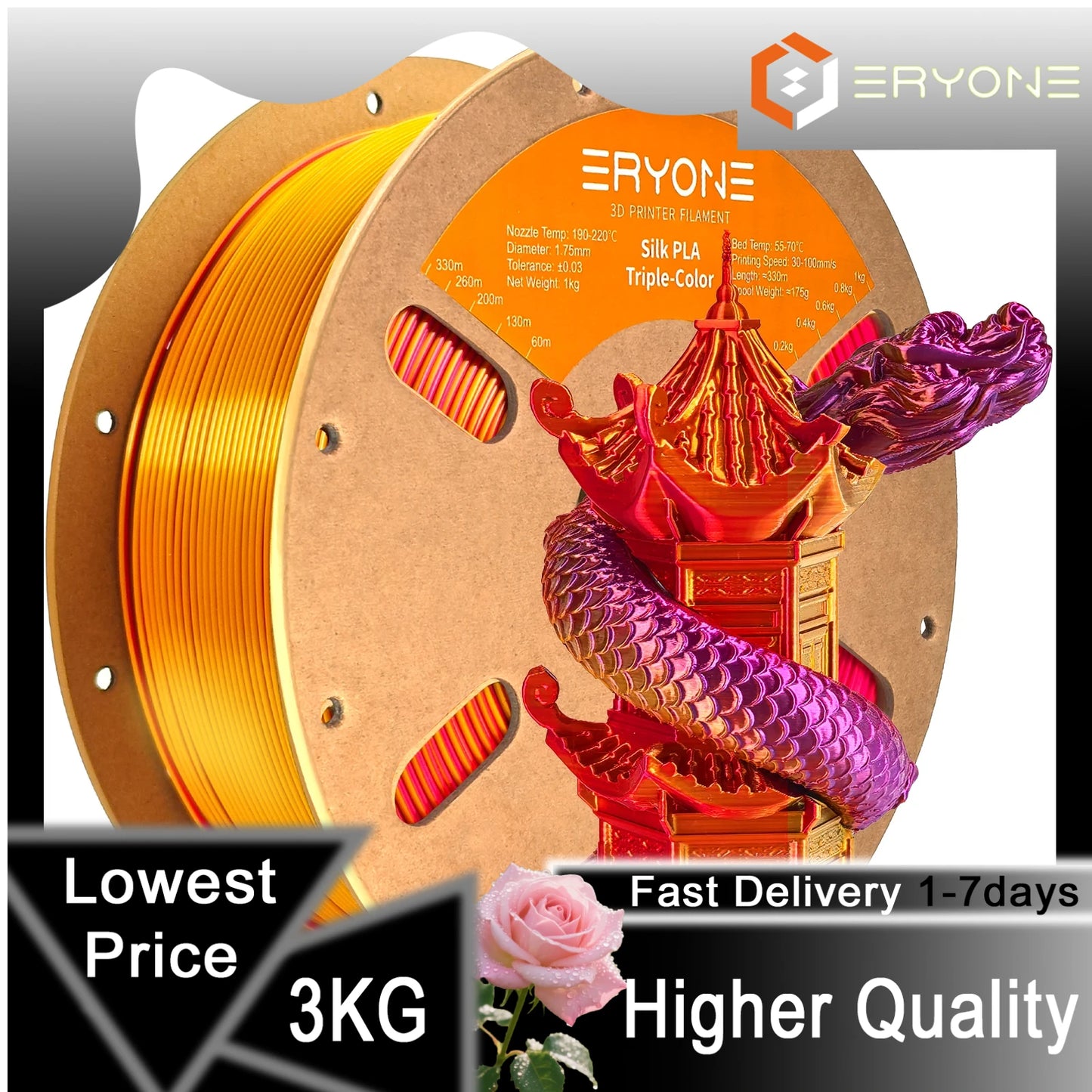 ERYONE 1/3/5KG Triple Colour Silk PLA Premium Filament 3D Print Big Sale,Multicolour Available,1kg silk pla triple colour filament