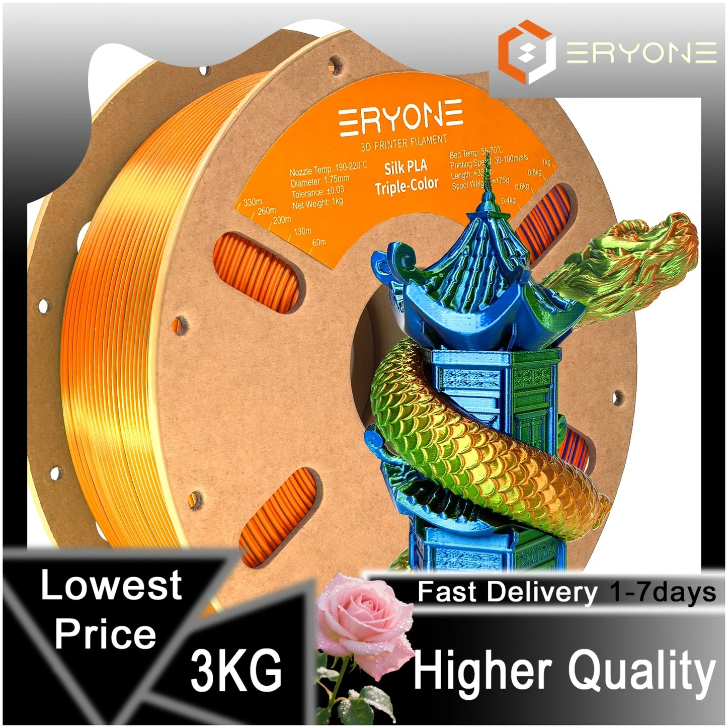 ERYONE 1/3/5KG Triple Colour Silk PLA Premium Filament 3D Print Big Sale,Multicolour Available,1kg silk pla triple colour filament