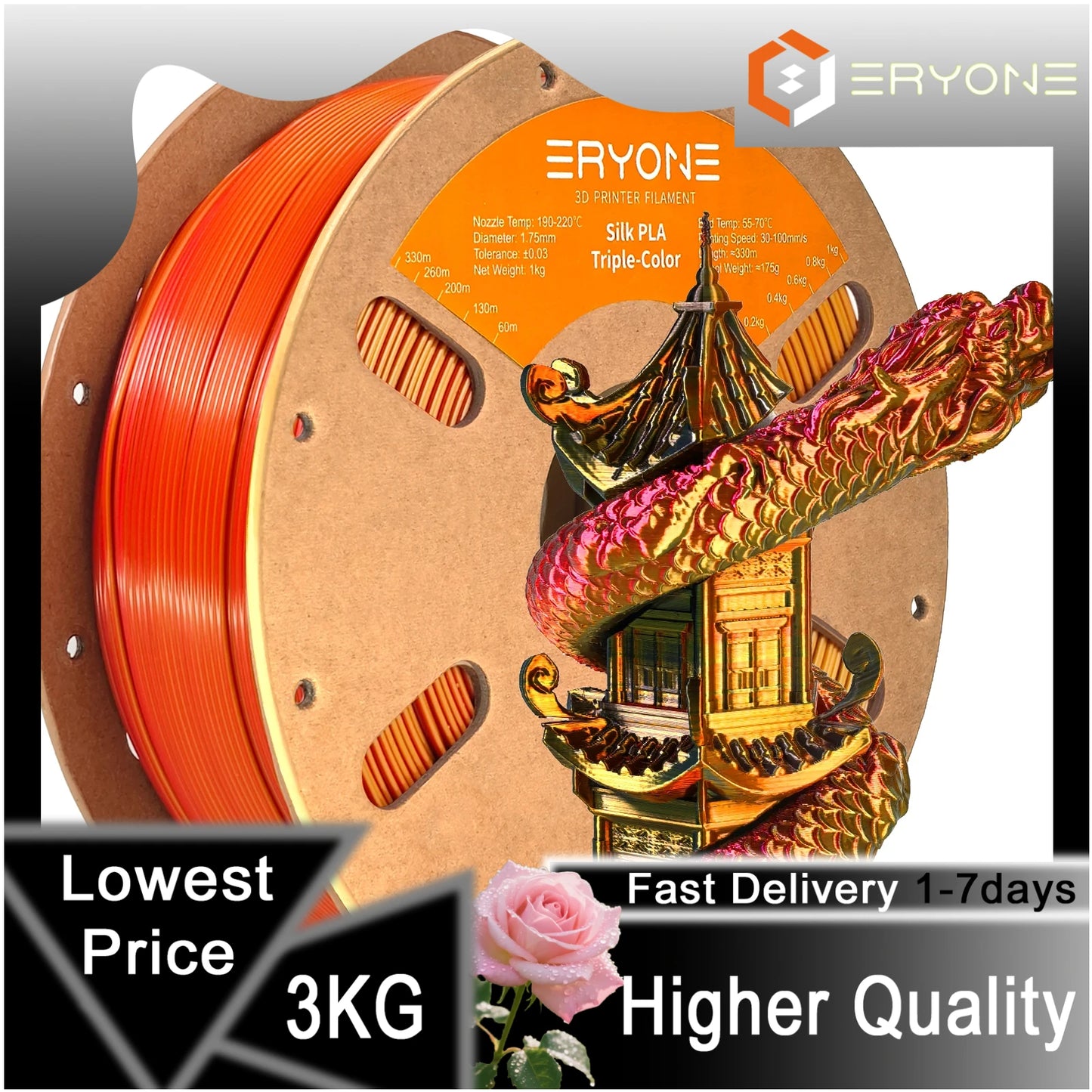 ERYONE 1/3/5KG Triple Colour Silk PLA Premium Filament 3D Print Big Sale,Multicolour Available,1kg silk pla triple colour filament