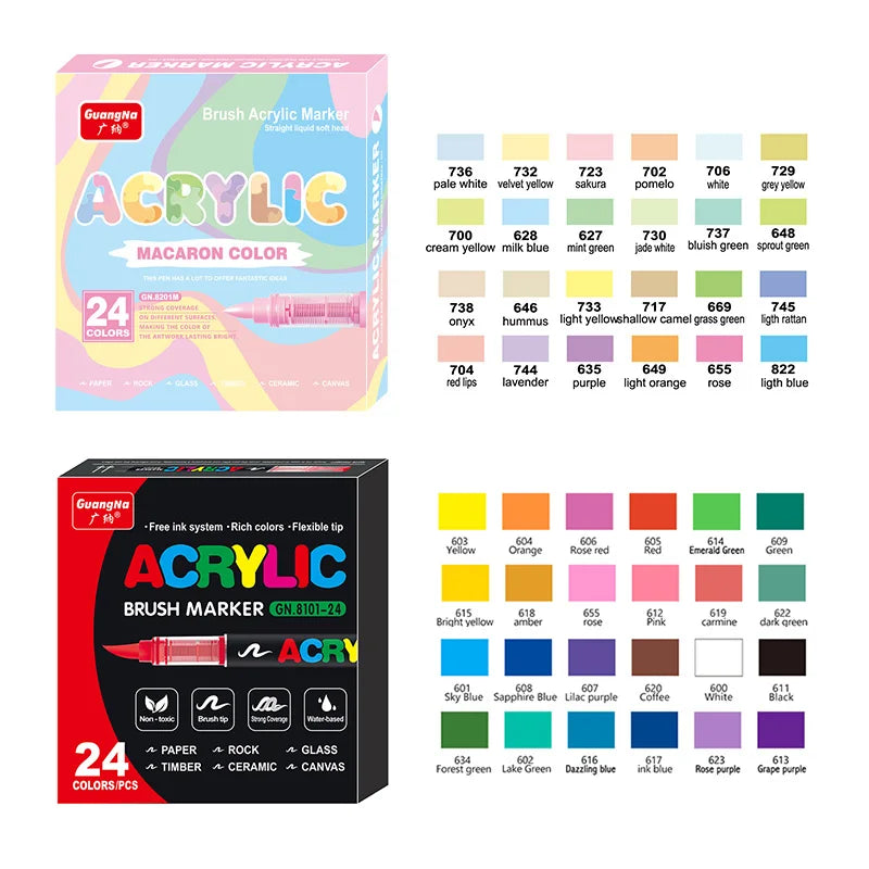 GuangNa 12-72 Colors Soft Brush Acrylic Marker Pen Set,Skin Tone, Macaron color,DIY Hand Drawn,Paint Art Markers pens,GN.8201F/M