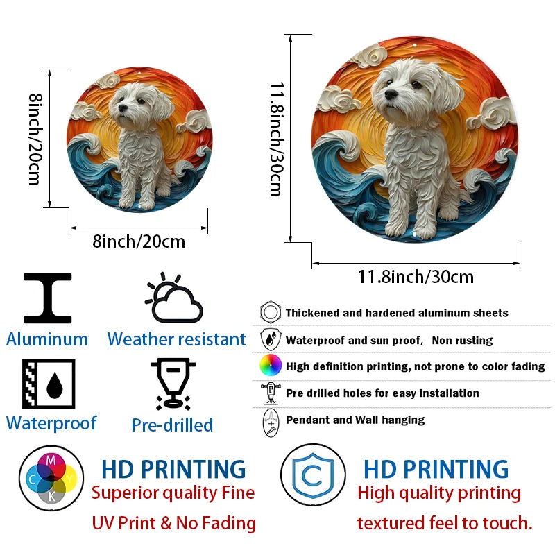 Aluminum Maltese Dog Art Sign, Circular Pet Design Wall Decor, Pre-drilled Holes, Weather Resistant Metal Decoration for Home