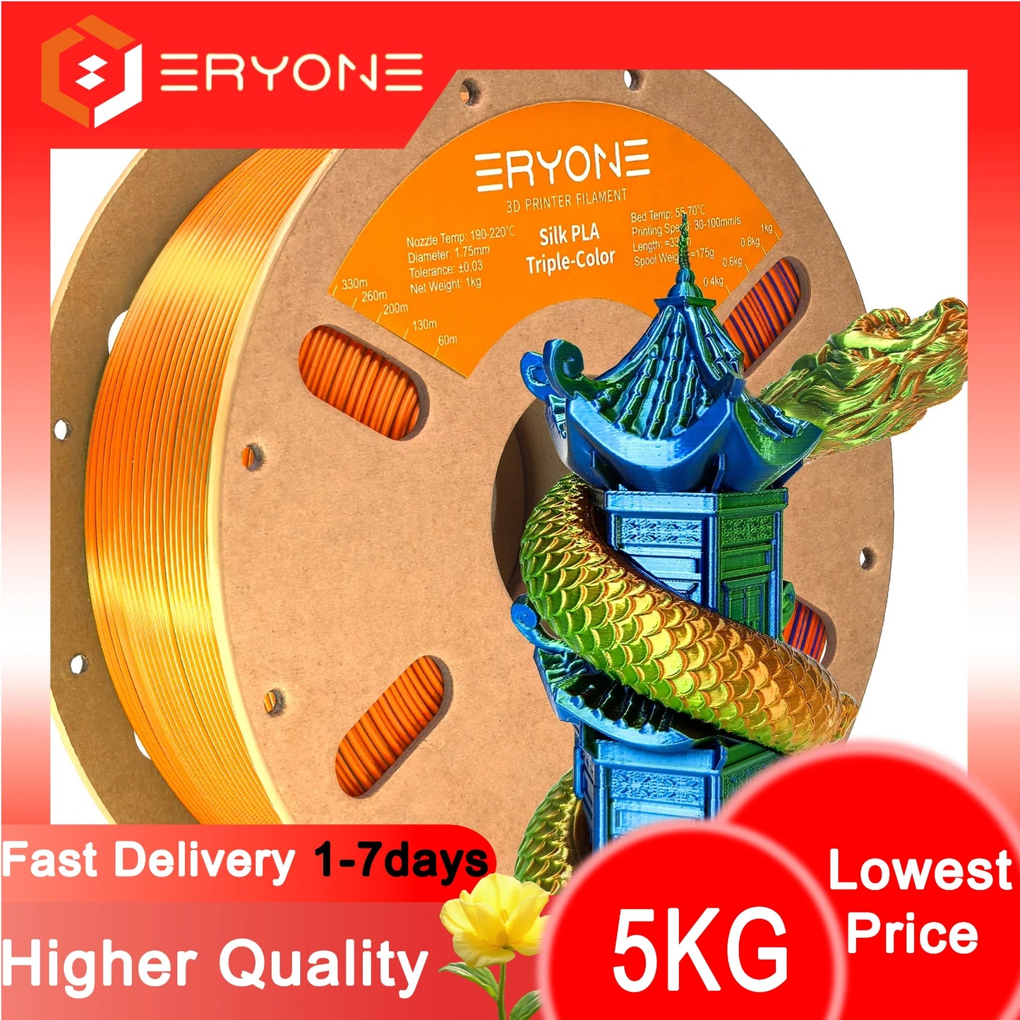 ERYONE 1/3/5KG Triple Colour Silk PLA Premium Filament 3D Print Big Sale,Multicolour Available,1kg silk pla triple colour filament