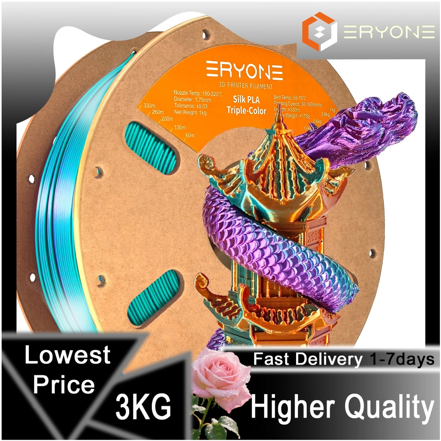ERYONE 1/3/5KG Triple Colour Silk PLA Premium Filament 3D Print Big Sale,Multicolour Available,1kg silk pla triple colour filament
