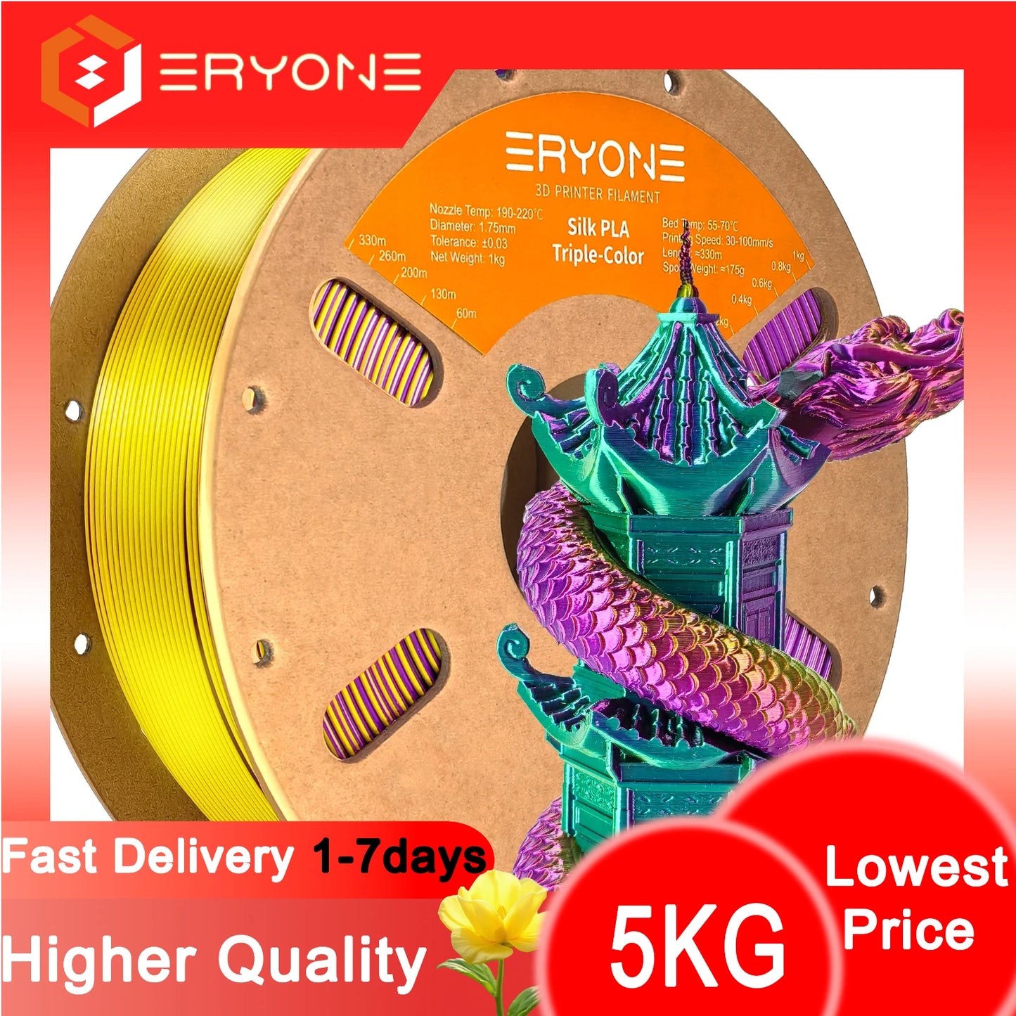ERYONE 1/3/5KG Triple Colour Silk PLA Premium Filament 3D Print Big Sale,Multicolour Available,1kg silk pla triple colour filament
