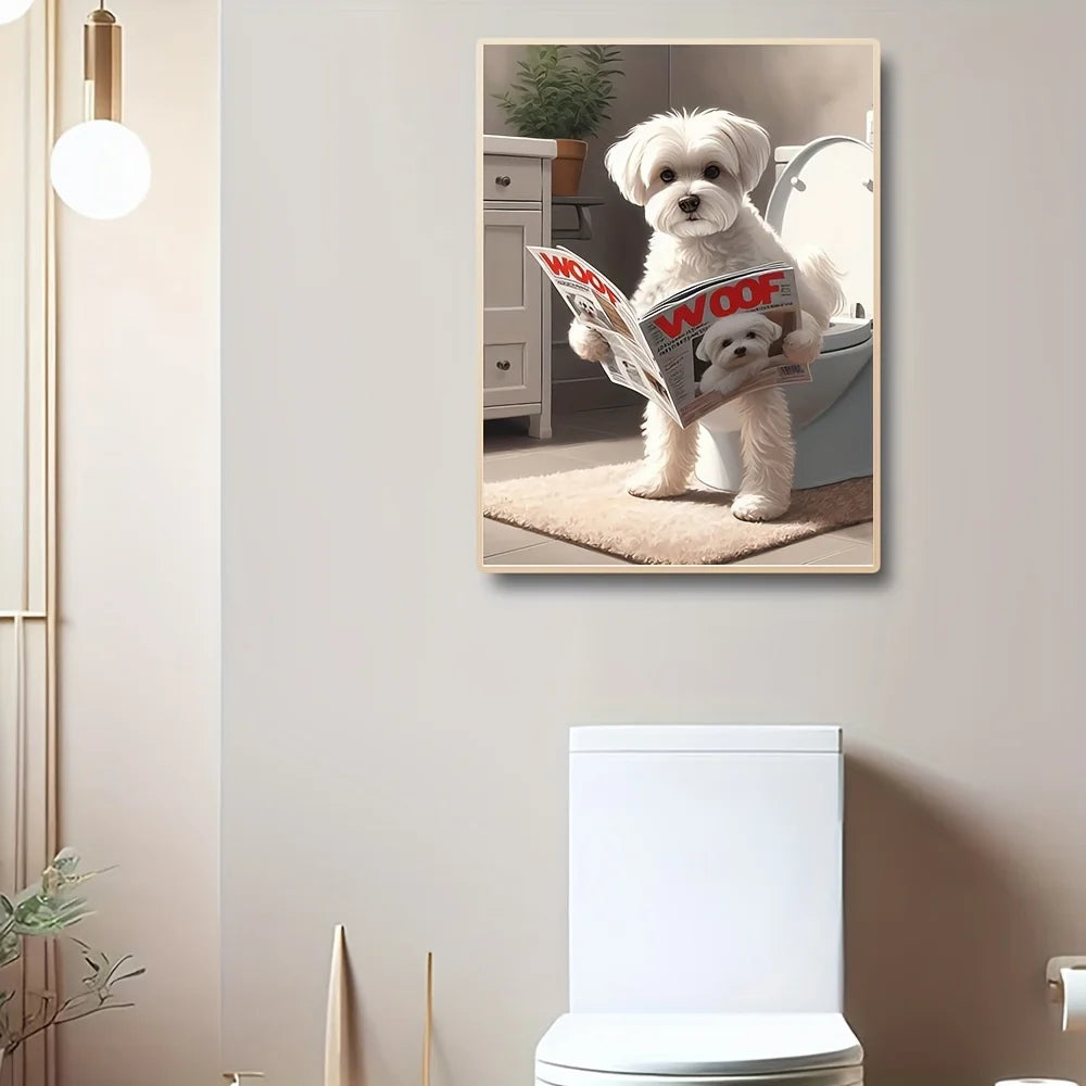 Maltese Dog Bathroom Humor Canvas Decor Modern Home Decor, Whimsical Animal Poster for Bedroom, Kitchen, Living Room, Wall Decor