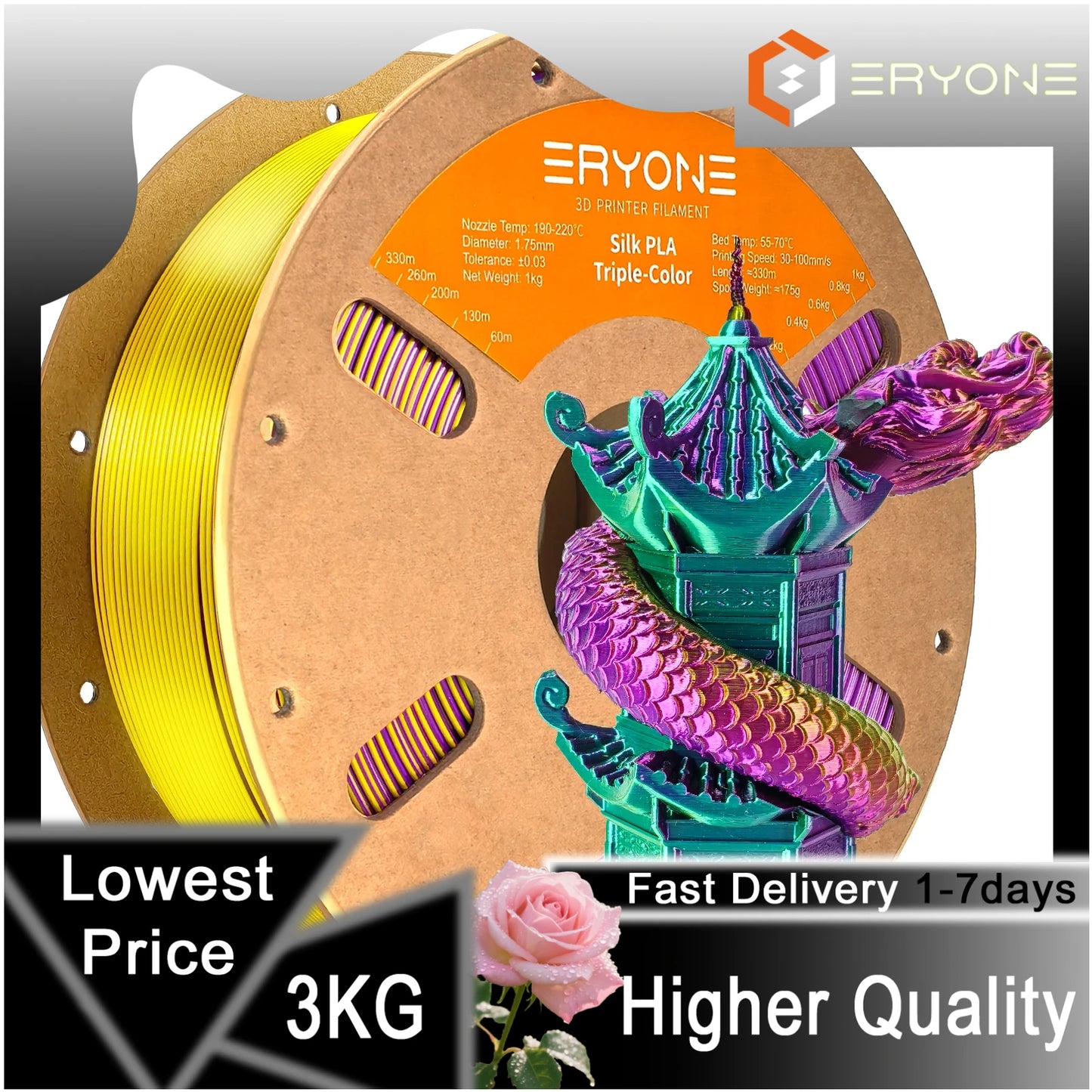 ERYONE 1/3/5KG Triple Colour Silk PLA Premium Filament 3D Print Big Sale,Multicolour Available,1kg silk pla triple colour filament