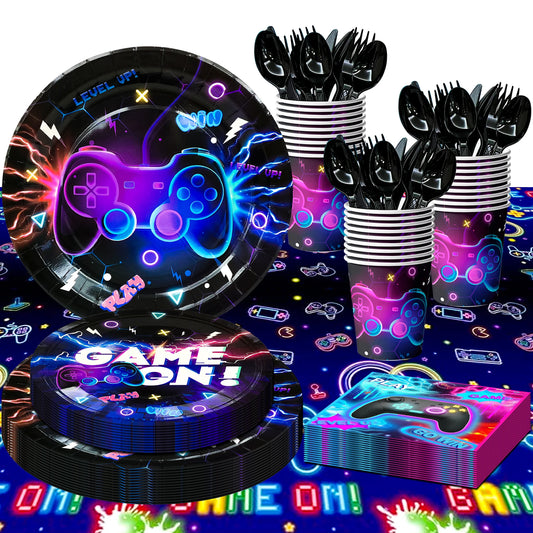 Video Game Birthday Decorations Tableware,113Pcs Game On Birthday Party Tableware Set-Video Game Birthday Plates Napkins Cups