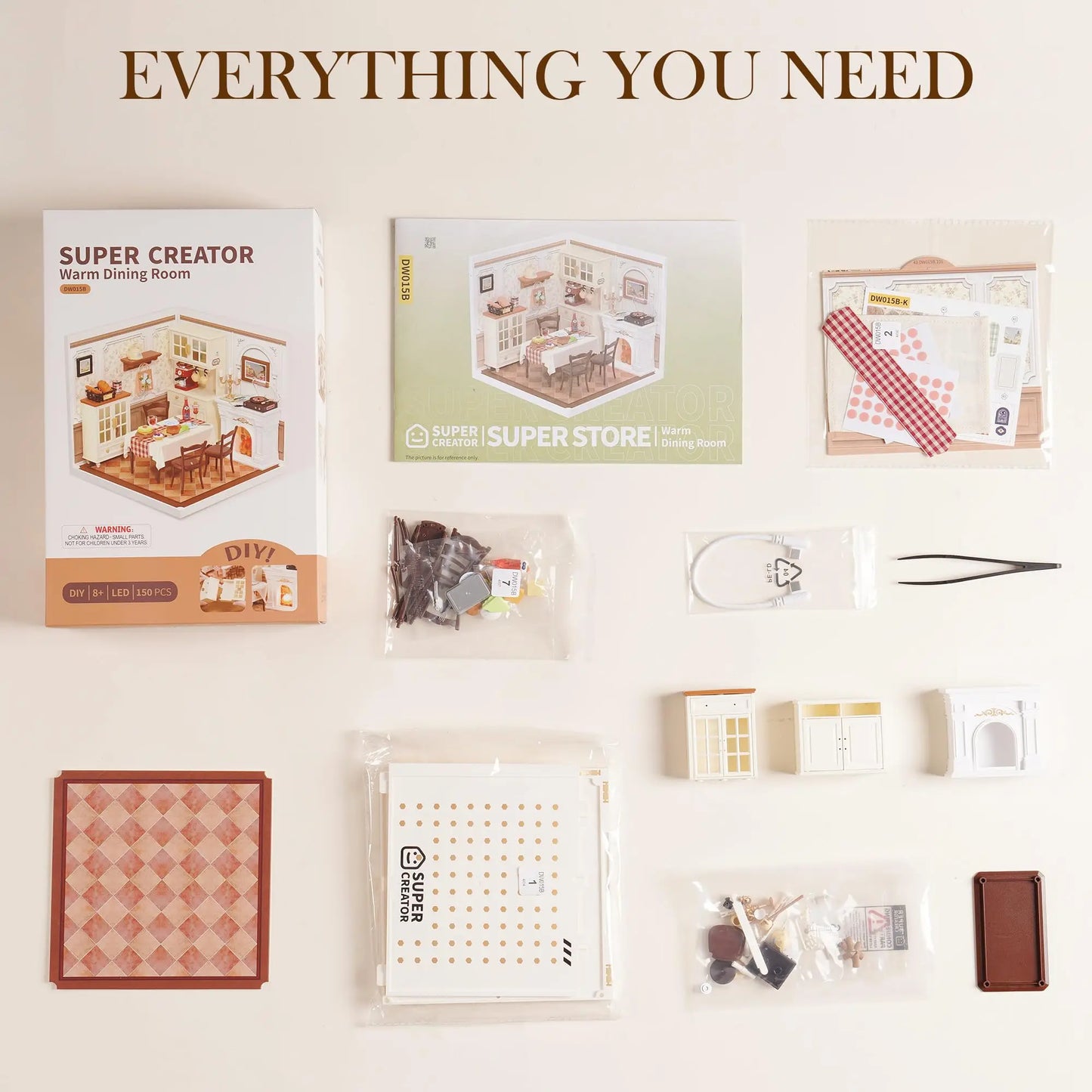 ROBOTIME DIY Miniature House Craft Kit, Dollhouse Model Building Kit Birthday Creative Gifts for Adults, Kids (Warm Dining Room)