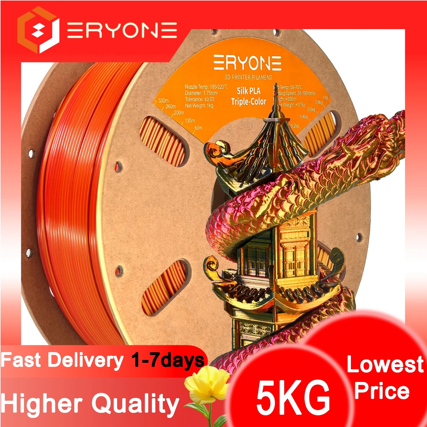 ERYONE 1/3/5KG Triple Colour Silk PLA Premium Filament 3D Print Big Sale,Multicolour Available,1kg silk pla triple colour filament