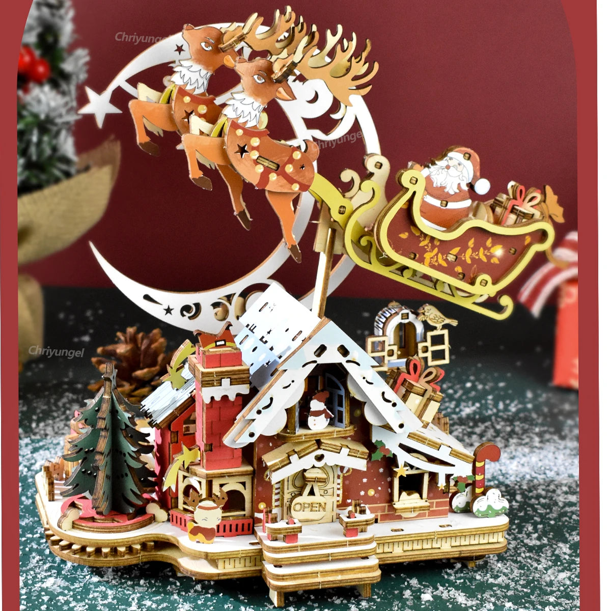 Chriyungel 3D Wooden Puzzles Christmas Music Box DIY Rotating Model Building Kits Home Decor Xmas Gift for Adults Teens Kids