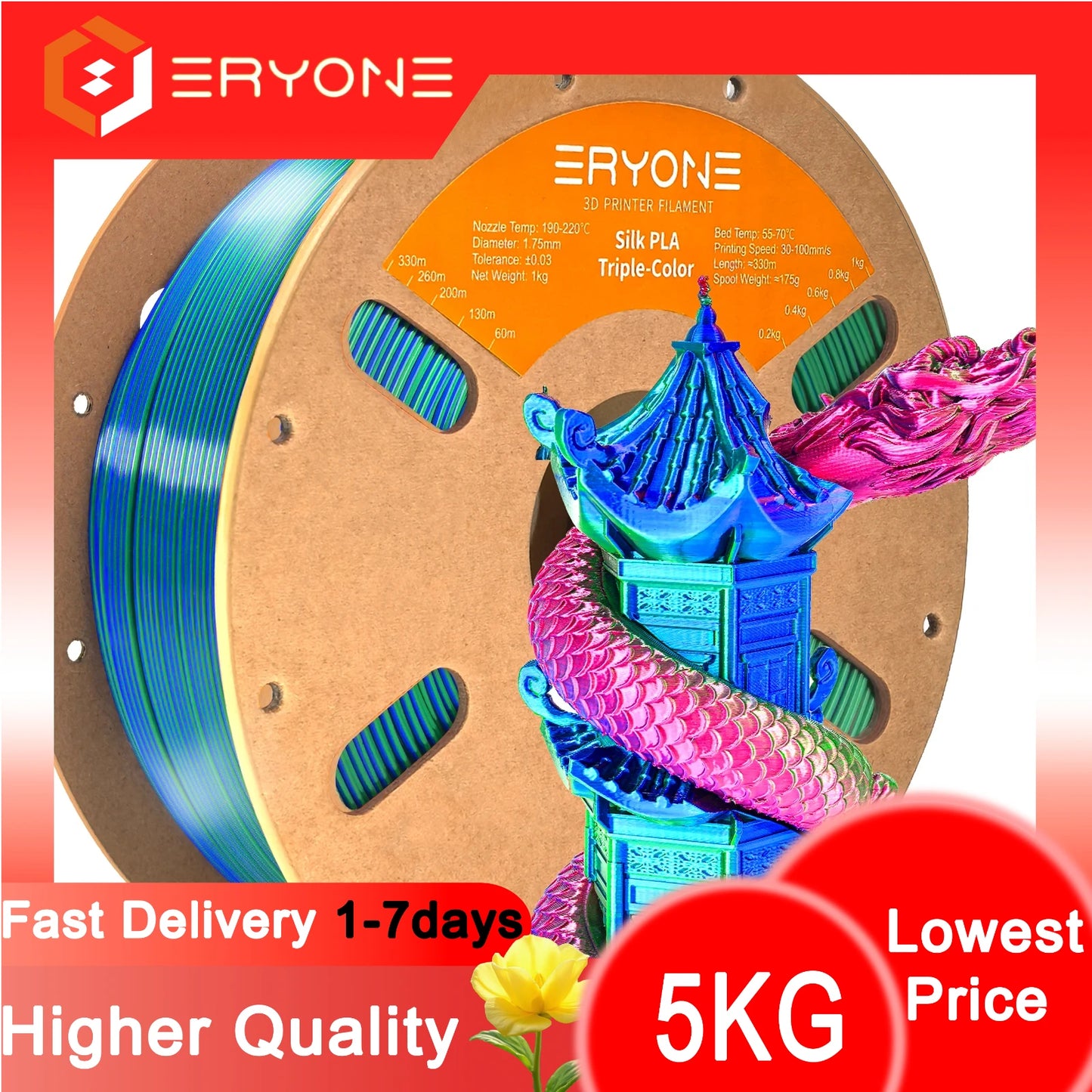 ERYONE 1/3/5KG Triple Colour Silk PLA Premium Filament 3D Print Big Sale,Multicolour Available,1kg silk pla triple colour filament