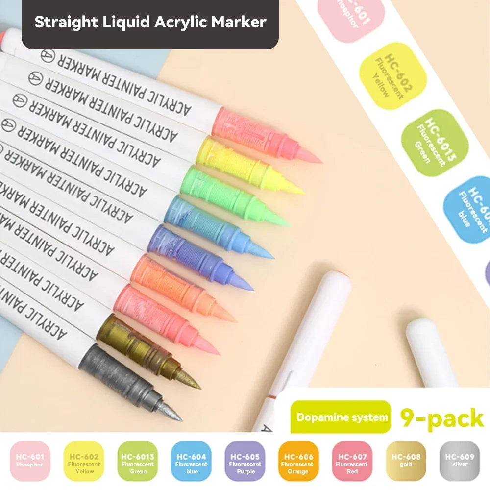 9pcs/Box Mix Colour Acrylic Markers Set Art Rock Painting Pens Kids Gift Graffiti For Stone Glass Book Shoes DIY Craft Supplies