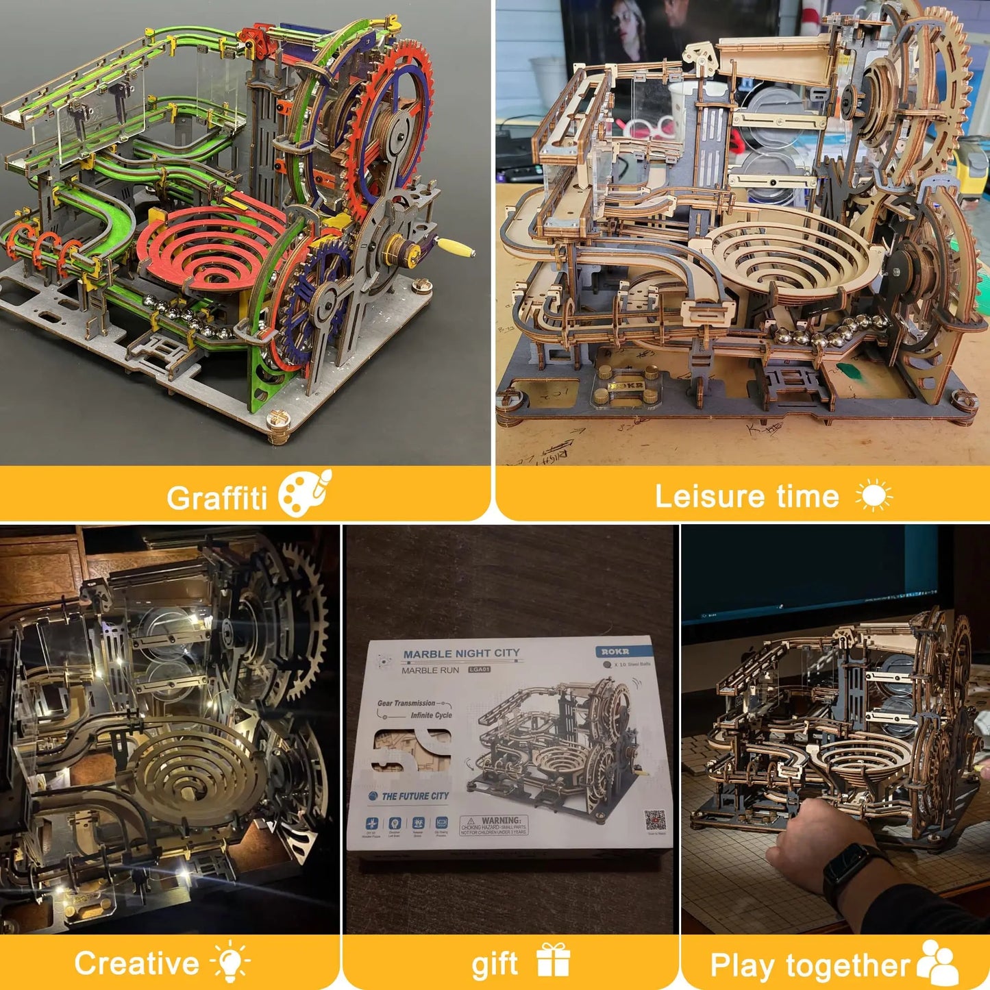 Robotime ROKR Marble Night City – 3D Wooden Puzzle Waterwheel Model | Gift for Kids & Teens