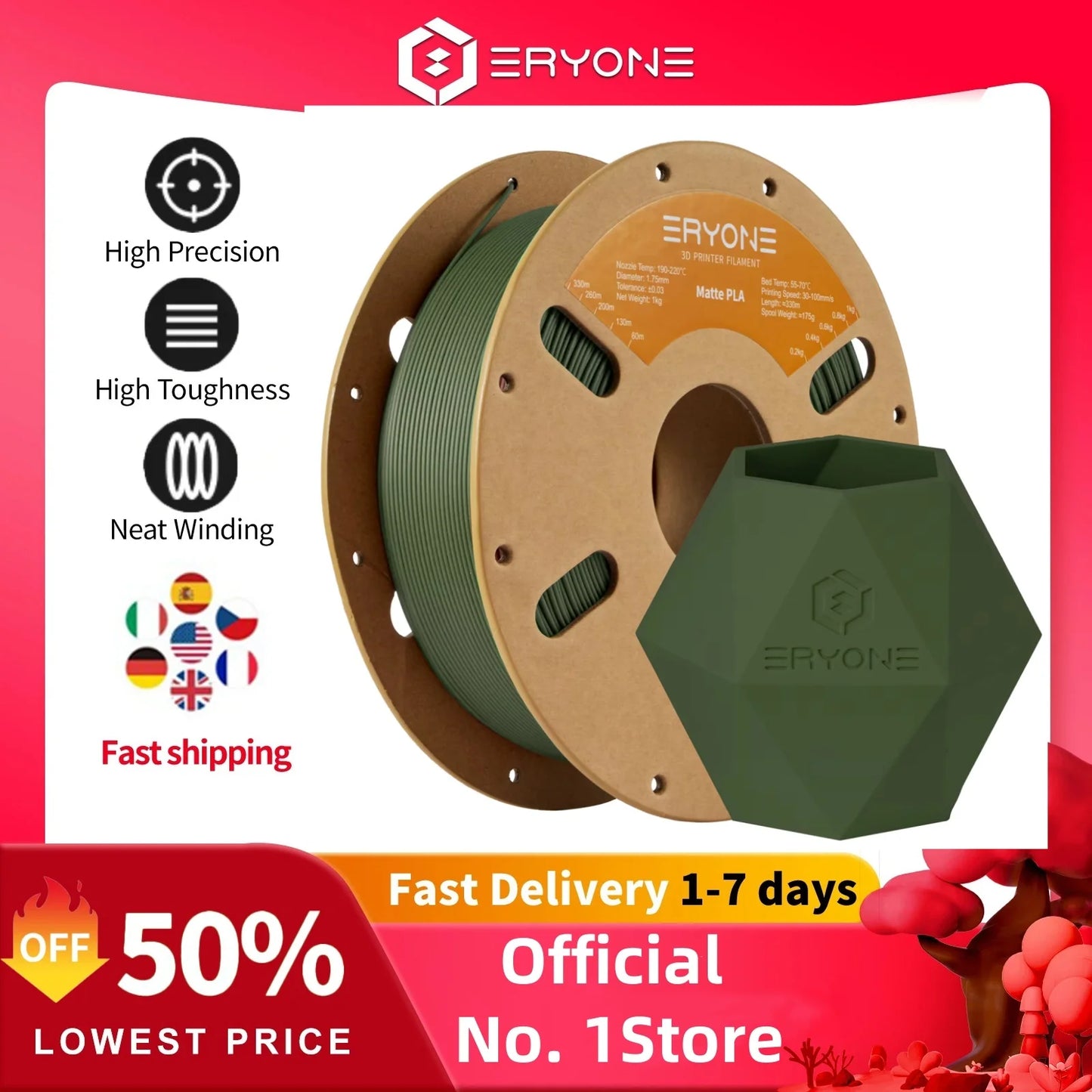 ERYONE 1/3/5/10KG Matte PLA Premium Filament 1.75mm 3D Print,Multicolour Available,big sale matte pla filament,1KG/Spool