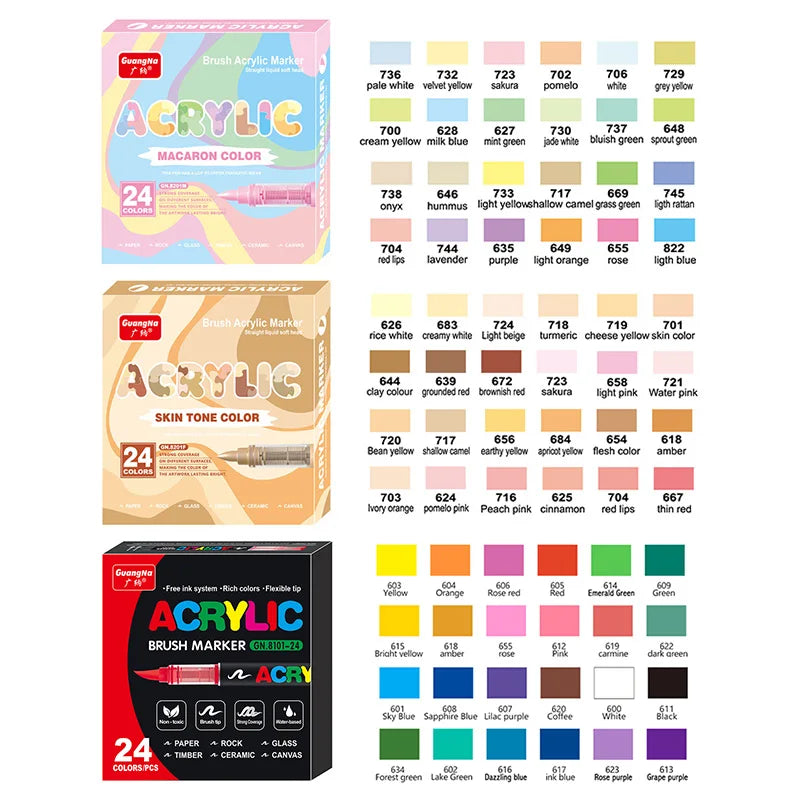 GuangNa 12-72 Colors Soft Brush Acrylic Marker Pen Set,Skin Tone, Macaron color,DIY Hand Drawn,Paint Art Markers pens,GN.8201F/M
