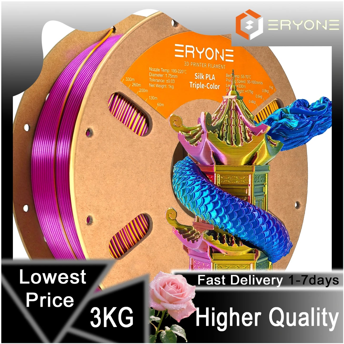 ERYONE 1/3/5KG Triple Colour Silk PLA Premium Filament 3D Print Big Sale,Multicolour Available,1kg silk pla triple colour filament
