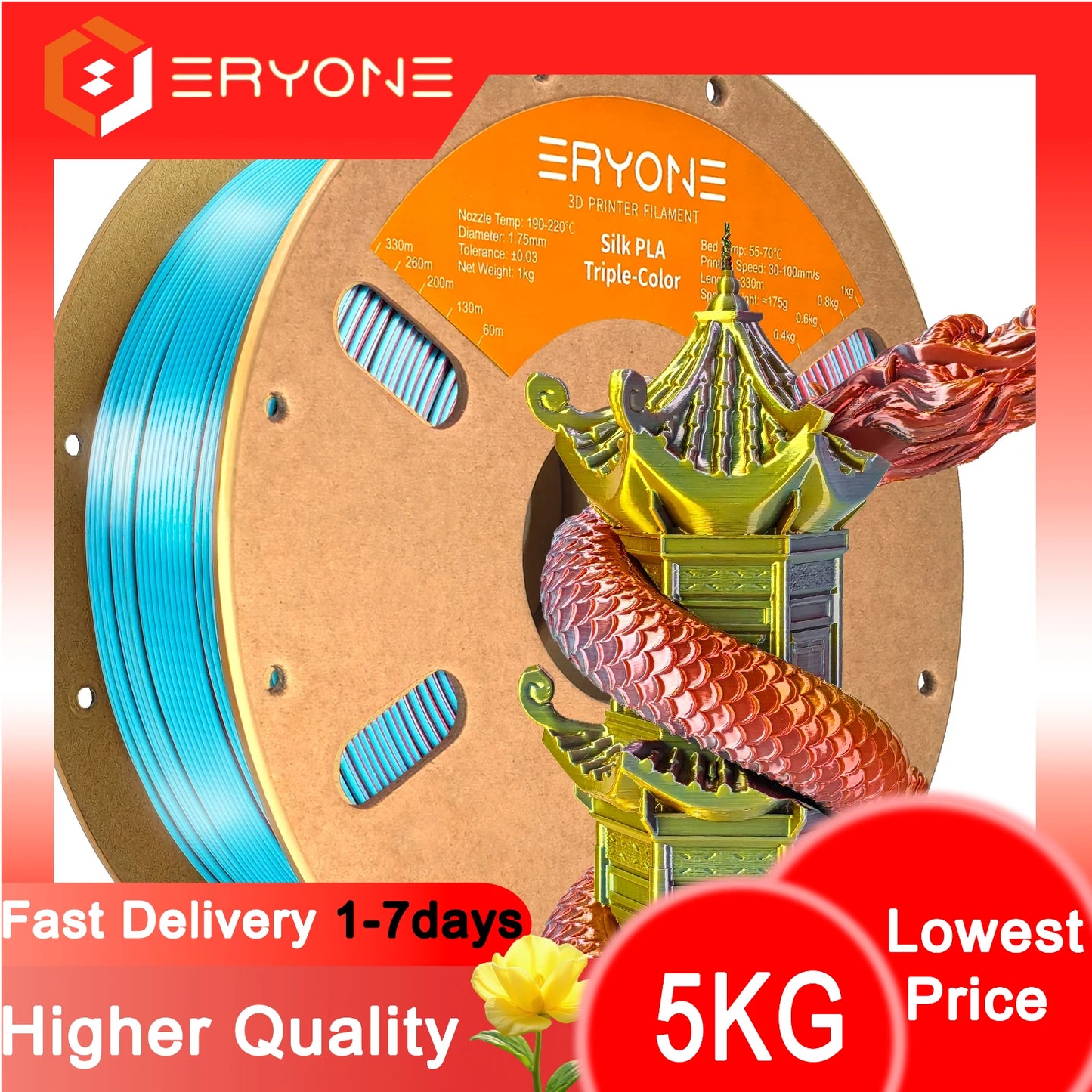 ERYONE 1/3/5KG Triple Colour Silk PLA Premium Filament 3D Print Big Sale,Multicolour Available,1kg silk pla triple colour filament