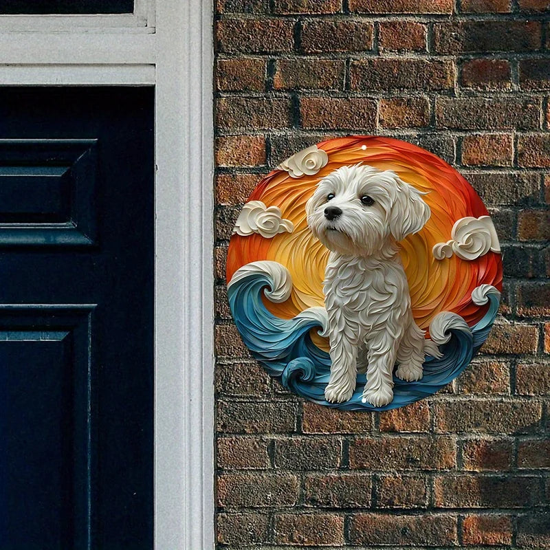 Aluminum Maltese Dog Art Sign, Circular Pet Design Wall Decor, Pre-drilled Holes, Weather Resistant Metal Decoration for Home