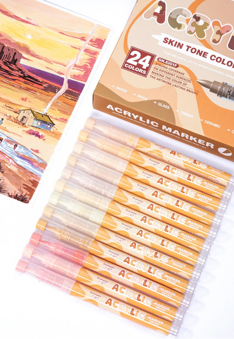 GuangNa 12-72 Colors Soft Brush Acrylic Marker Pen Set,Skin Tone, Macaron color,DIY Hand Drawn,Paint Art Markers pens,GN.8201F/M
