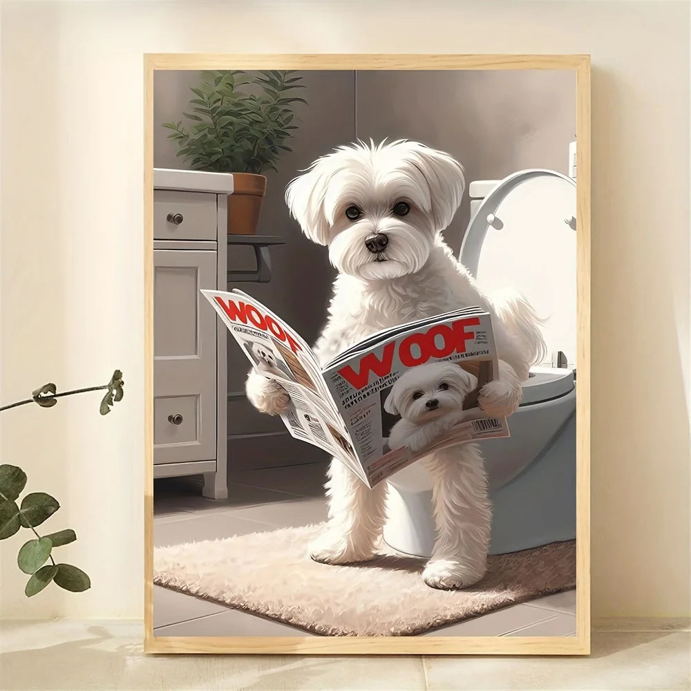 Maltese Dog Bathroom Humor Canvas Decor Modern Home Decor, Whimsical Animal Poster for Bedroom, Kitchen, Living Room, Wall Decor