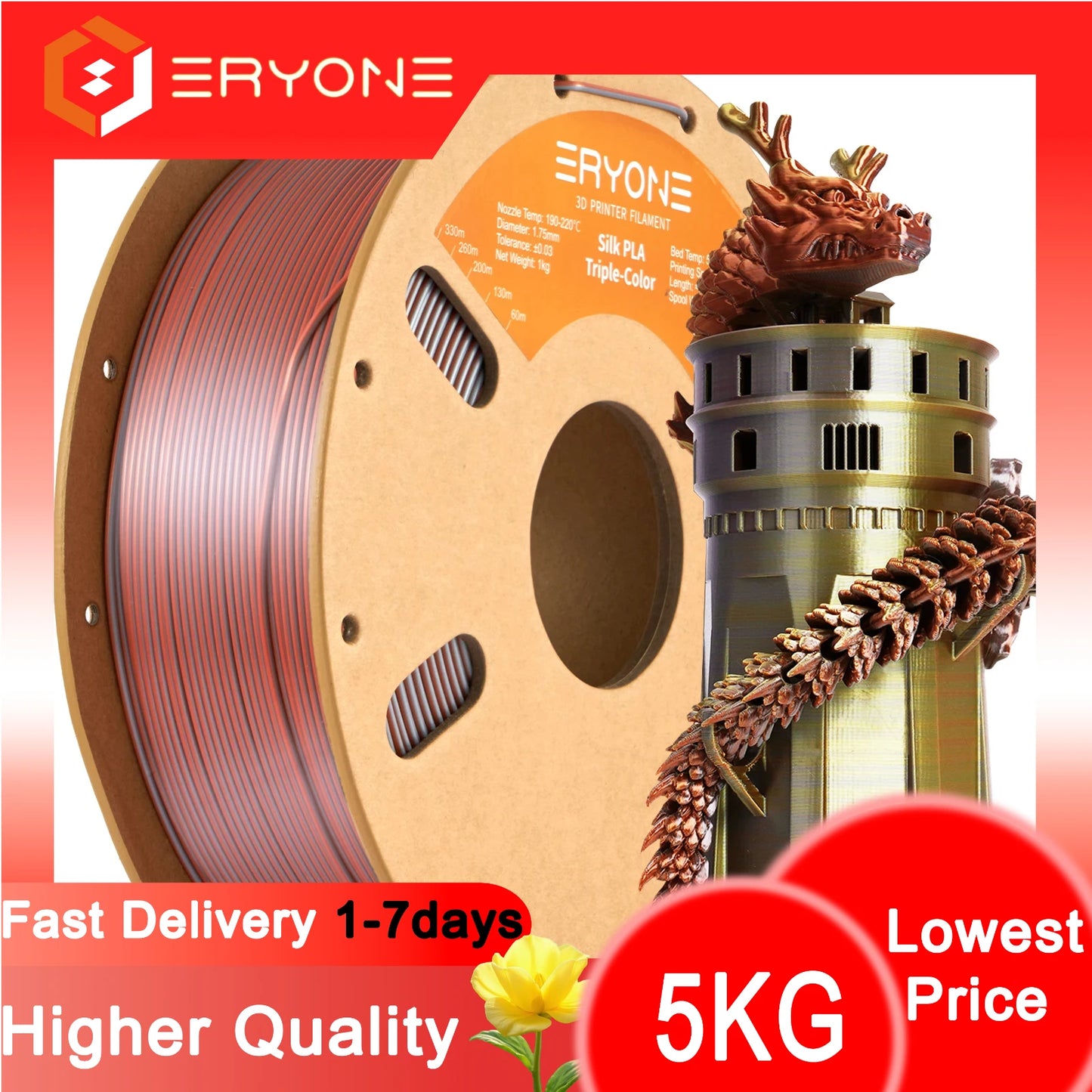 ERYONE 1/3/5KG Triple Colour Silk PLA Premium Filament 3D Print Big Sale,Multicolour Available,1kg silk pla triple colour filament