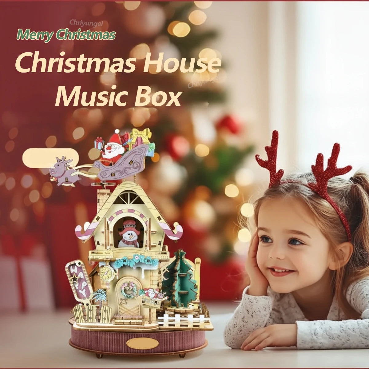 Chriyungel 3D Wooden Puzzles Christmas Music Box DIY Rotating Model Building Kits Home Decor Xmas Gift for Adults Teens Kids