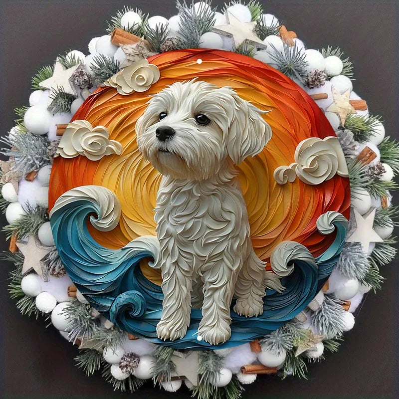 Aluminum Maltese Dog Art Sign, Circular Pet Design Wall Decor, Pre-drilled Holes, Weather Resistant Metal Decoration for Home