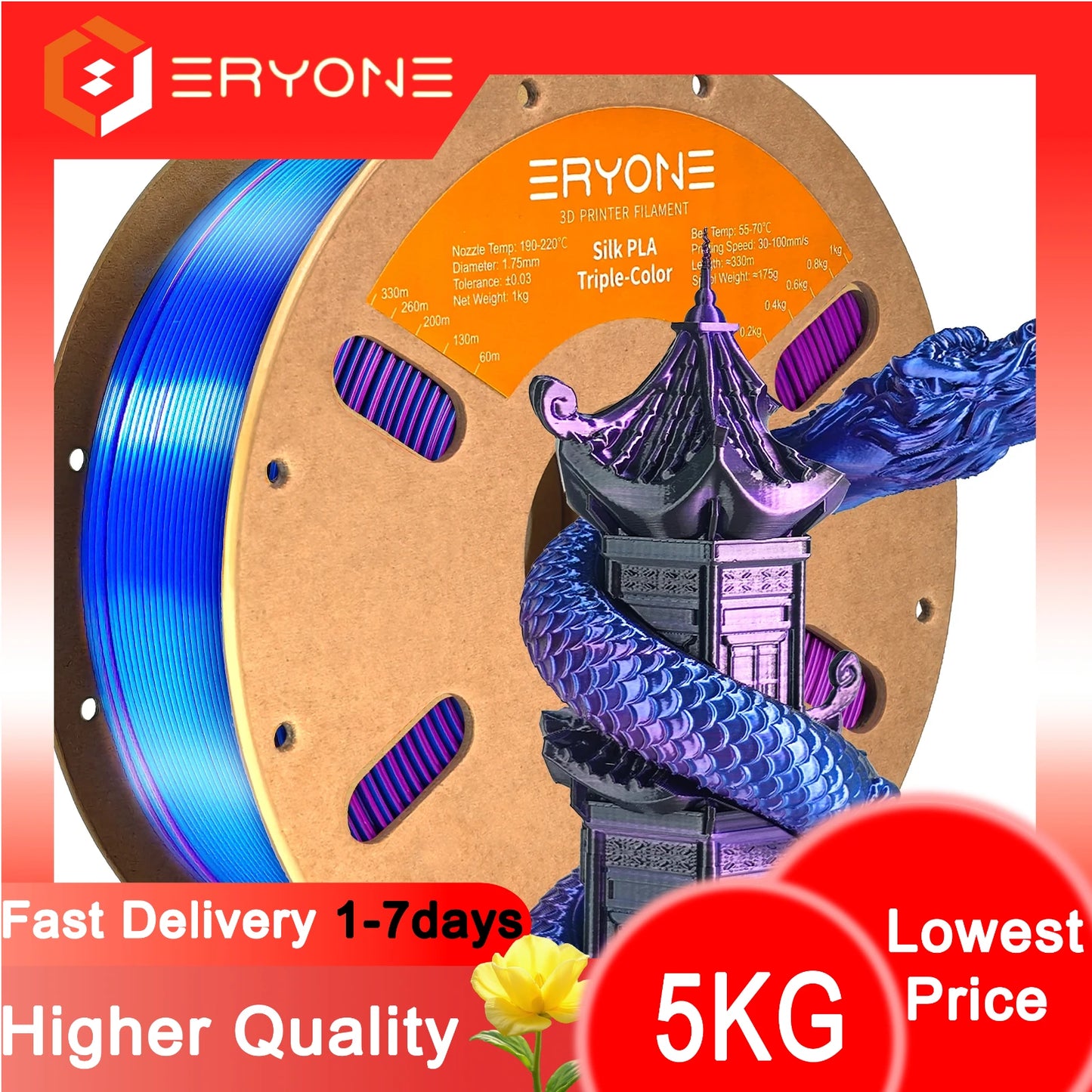 ERYONE 1/3/5KG Triple Colour Silk PLA Premium Filament 3D Print Big Sale,Multicolour Available,1kg silk pla triple colour filament