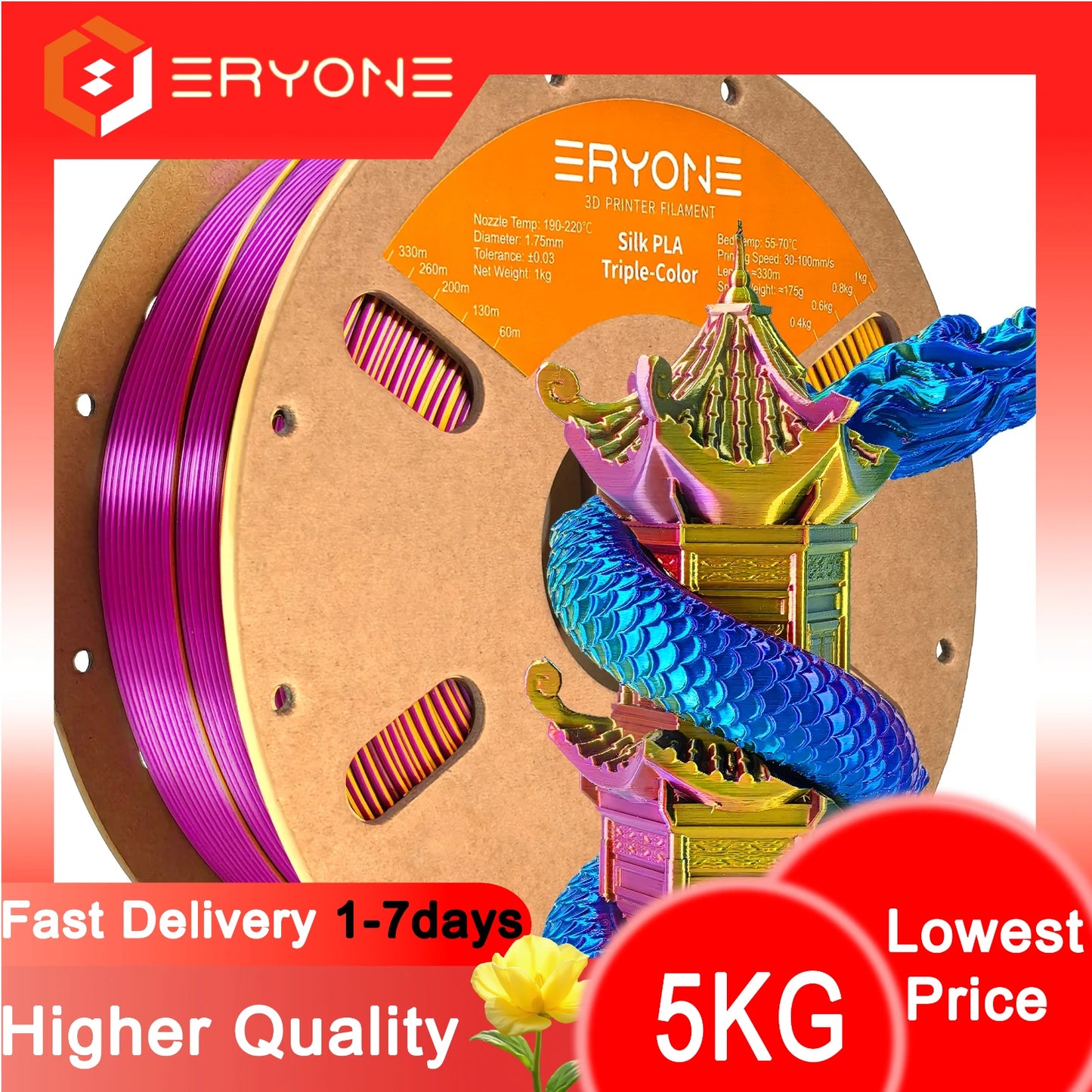 ERYONE 1/3/5KG Triple Colour Silk PLA Premium Filament 3D Print Big Sale,Multicolour Available,1kg silk pla triple colour filament