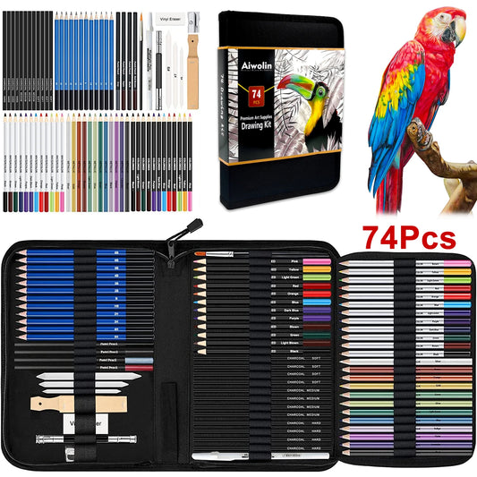 74 Art Set Drawing Supplies - Pro Sketching Kit for Artists Adults , Charcoal, Watercolour, Metallic Coloured Pencils in Gift Case