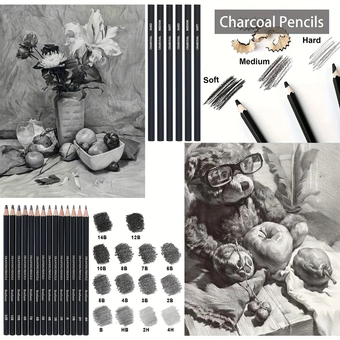 Drawing Pencils Sketch Pencil Professional Sketching Art Graphite Charcoal Blending Stump Pencils kit (29 art supplies)