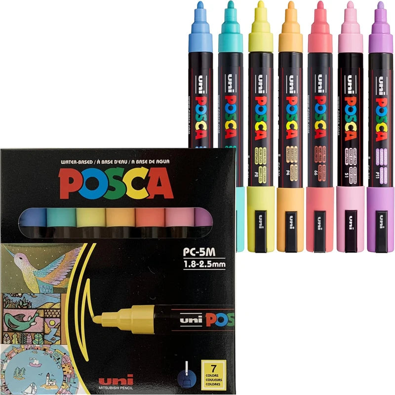 7 Pastel Posca Paint Markers, 5M Medium Posca Markers with Reversible Tips, Acrylic Paint Pens | Posca Pens for Art Supplies,