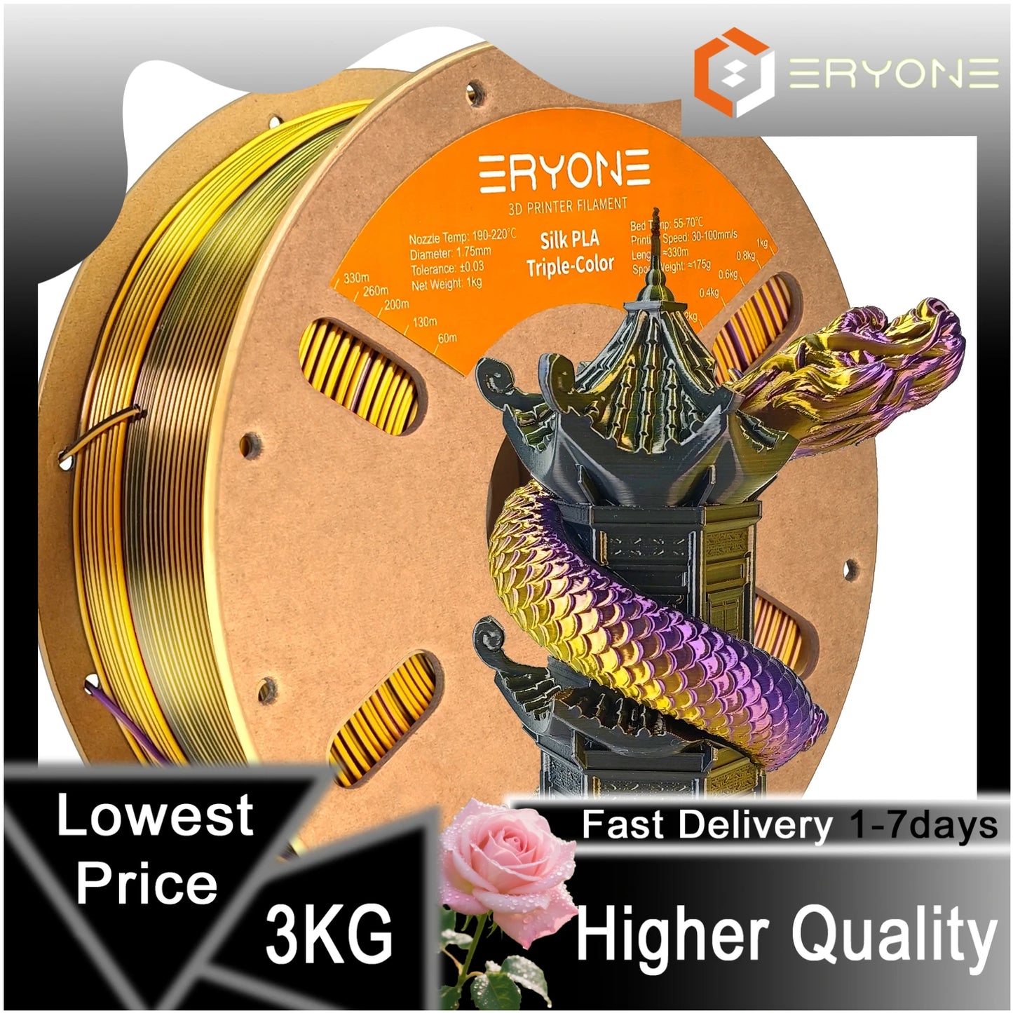 ERYONE 1/3/5KG Triple Colour Silk PLA Premium Filament 3D Print Big Sale,Multicolour Available,1kg silk pla triple colour filament
