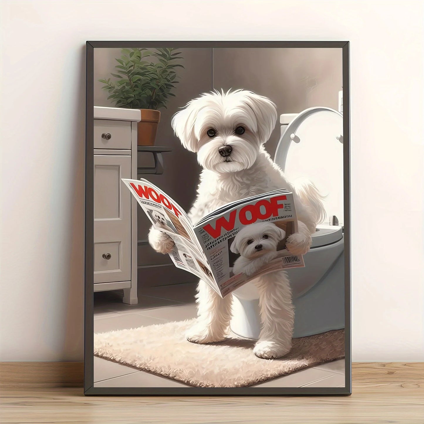 Maltese Dog Bathroom Humor Canvas Decor Modern Home Decor, Whimsical Animal Poster for Bedroom, Kitchen, Living Room, Wall Decor