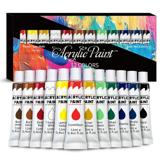 Acrylic Paints Set - 12/24 Colours 12ml Art Painting Kit Supplies for Wood, Canvas, Fabric, Rock, Glass - Non-Toxic Acrylic Paint