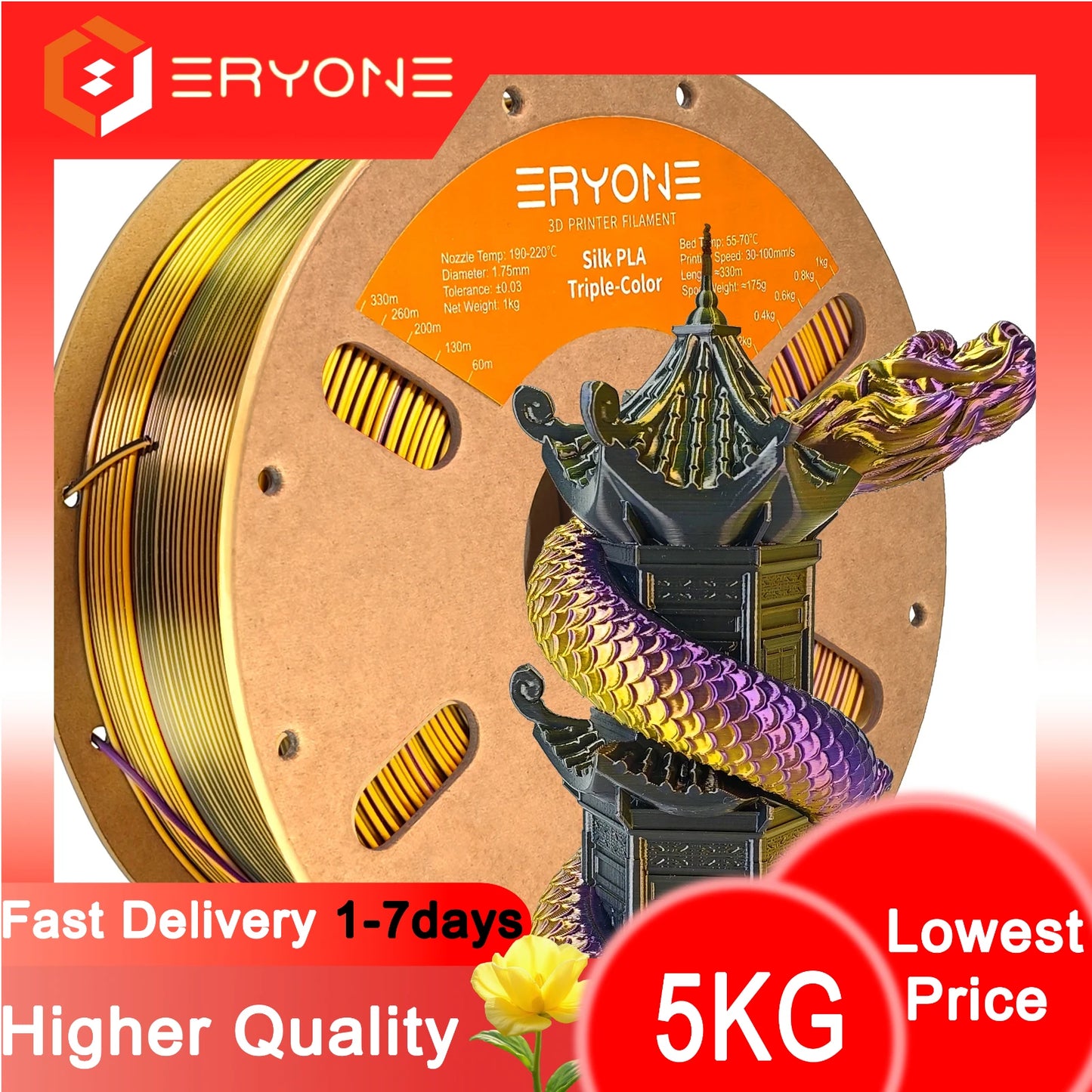 ERYONE 1/3/5KG Triple Colour Silk PLA Premium Filament 3D Print Big Sale,Multicolour Available,1kg silk pla triple colour filament