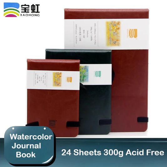 Baohong 24 Sheets Watercolour Travel book Leather Linen-Bound Cotton Paper Sketch Pads 300g Acid Free for On-the-Go Art Drawing
