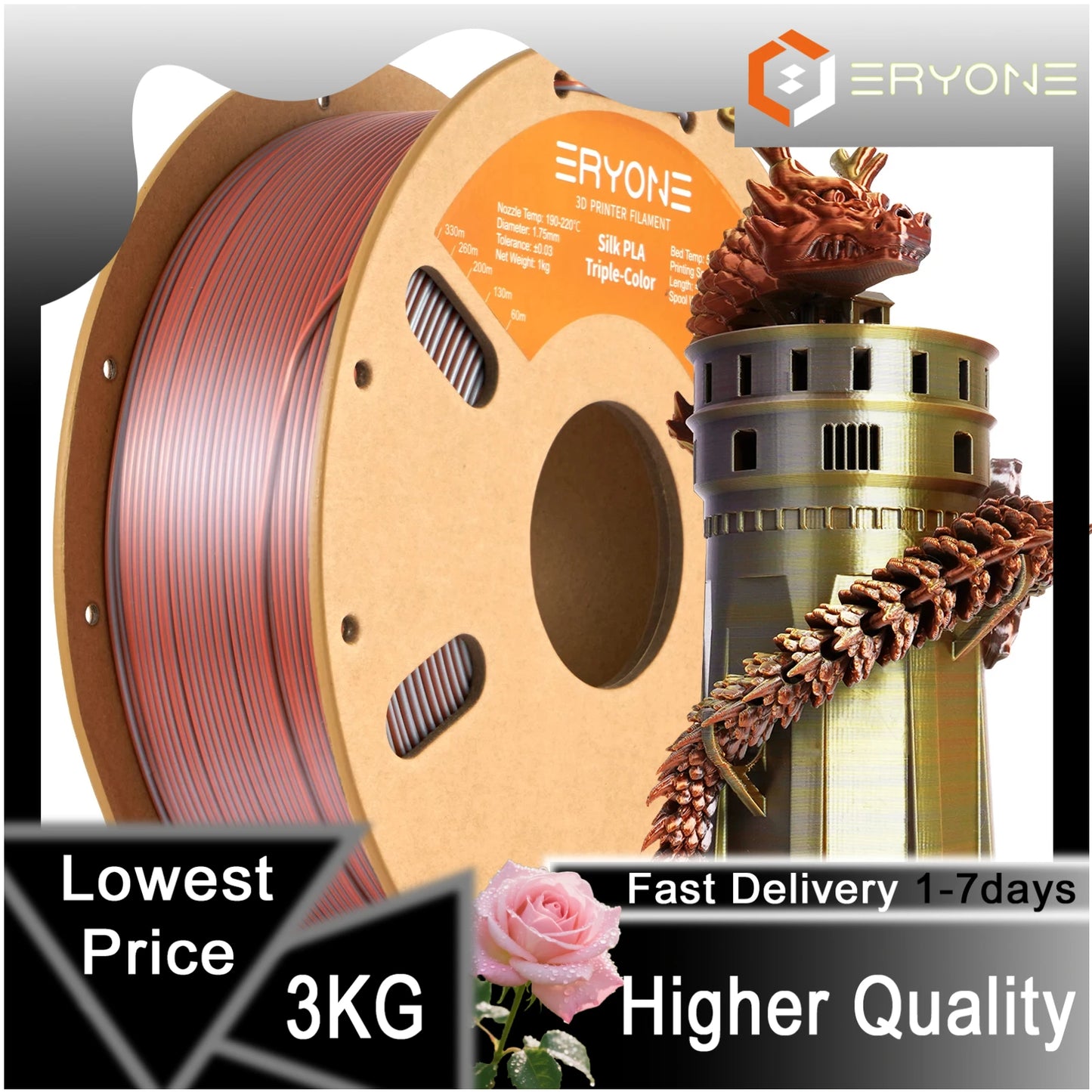 ERYONE 1/3/5KG Triple Colour Silk PLA Premium Filament 3D Print Big Sale,Multicolour Available,1kg silk pla triple colour filament